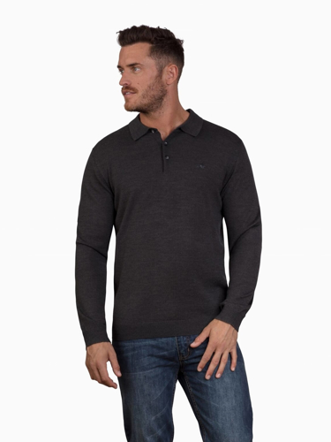 Big & Tall - Long Sleeve Signature Knitted Polo - Charcoal - 6XL