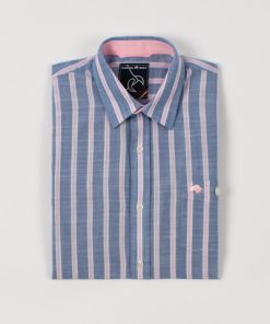 Big & Tall Short Sleeve Stripe Linen Shirt - Mid Blue - Mid Blue