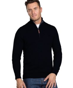 Big & Tall Knitted Cotton/Cashmere Quarter Zip - Black - Black